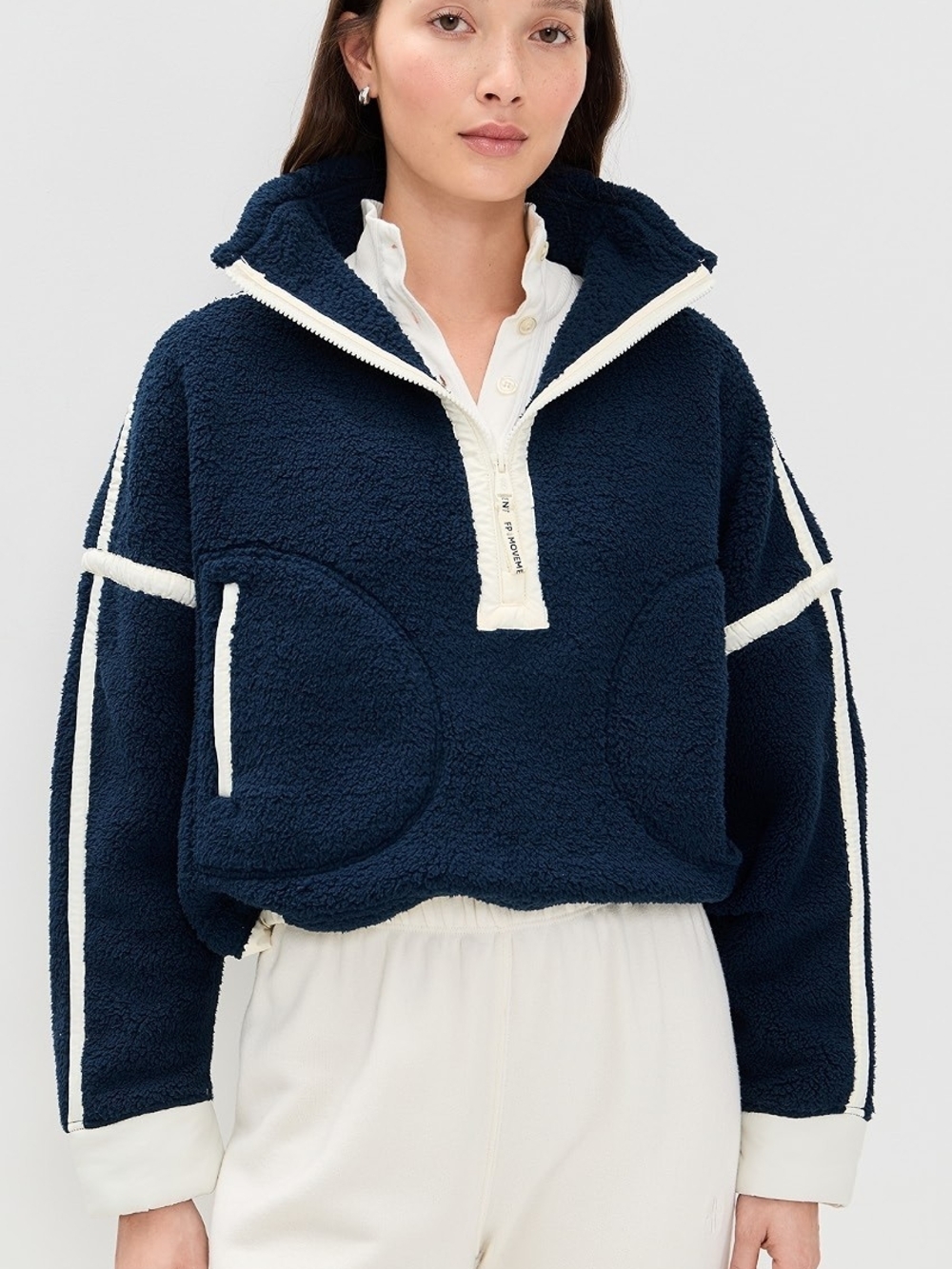 FP Movement by Free People Navy Sherpa Half-Zip Pullover with Cream Trim